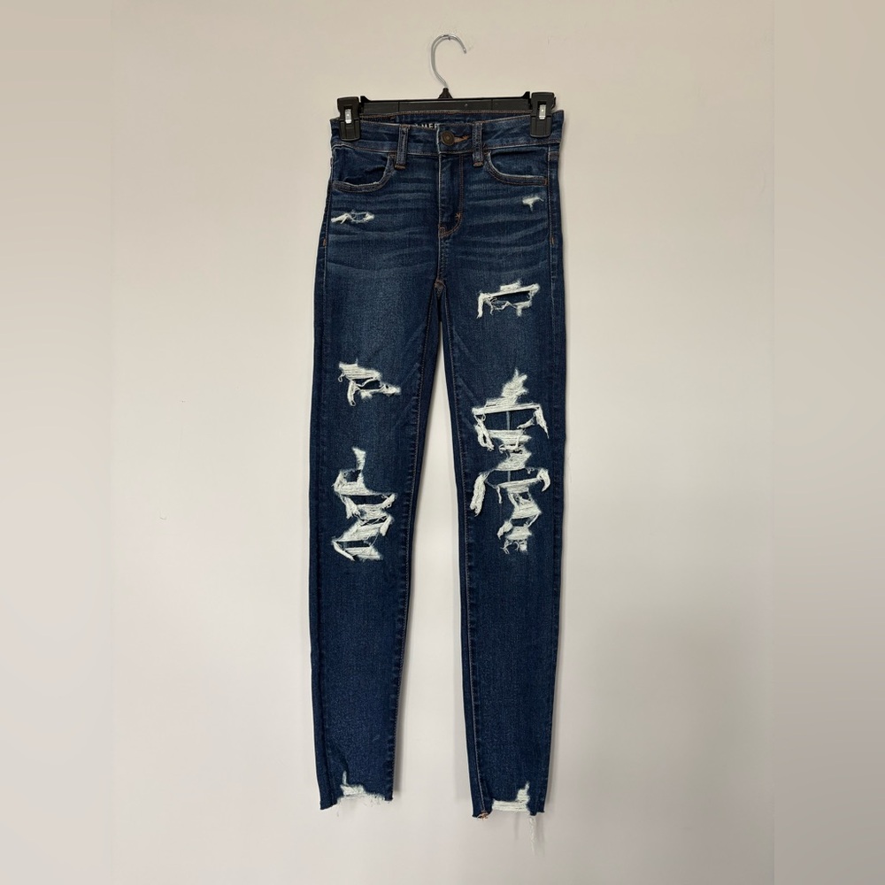 American Eagle High Rise Distressed Jeans Dark Wash Ripped Skinny Short Length